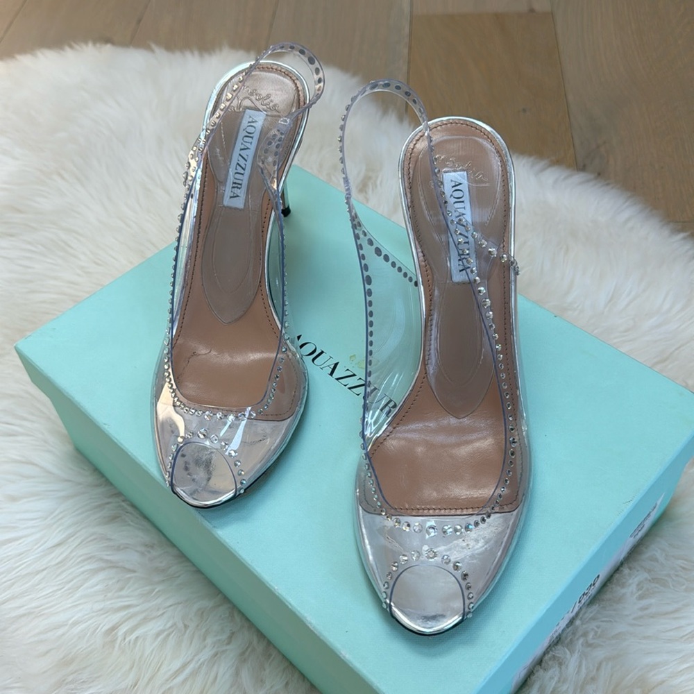 AQUAZZURA CLEAR PVC Silver Crystal Slingback Peep-toe size 10B